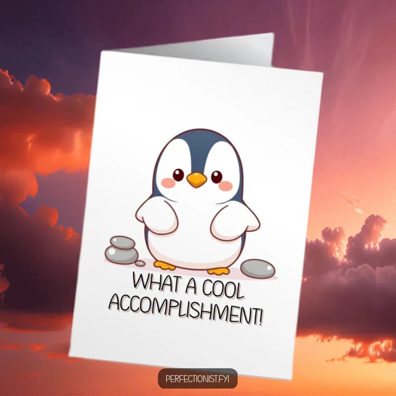 Funny Free Printable Penguin Congratulations Card: A cheerful penguin carefully arranging pebbles in a line to mark a significant achievement.