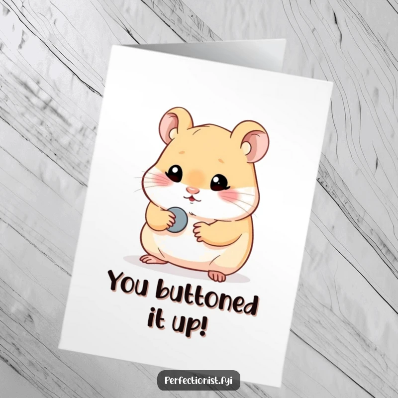 Funny Free Printable Hamster Congratulations Card: A hamster polishing a button, celebrating shiny success, a DIY gift.