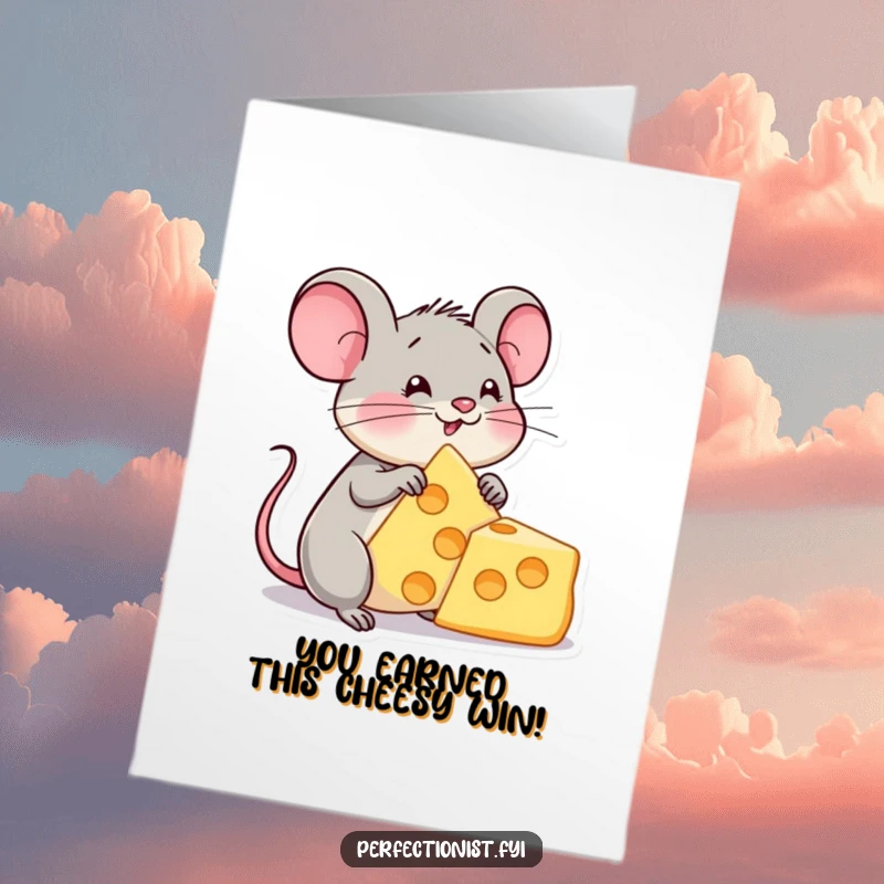 Funny Free Printable Congratulations Card: Mouse celebrates a win, holding a coveted cheese triangle, ready to congratulate.
