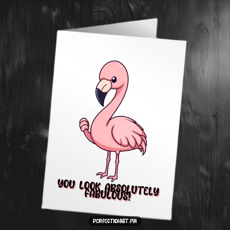 Funny Free Printable Flamingo Congratulations Card: A blushing flamingo adjusting a single feather with intense concentration to mark an achievement.