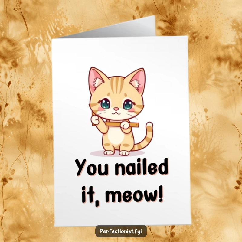 Funny Free Printable Congratulations Card: A cat adjusts a picture frame, symbolizing perfect congratulations.