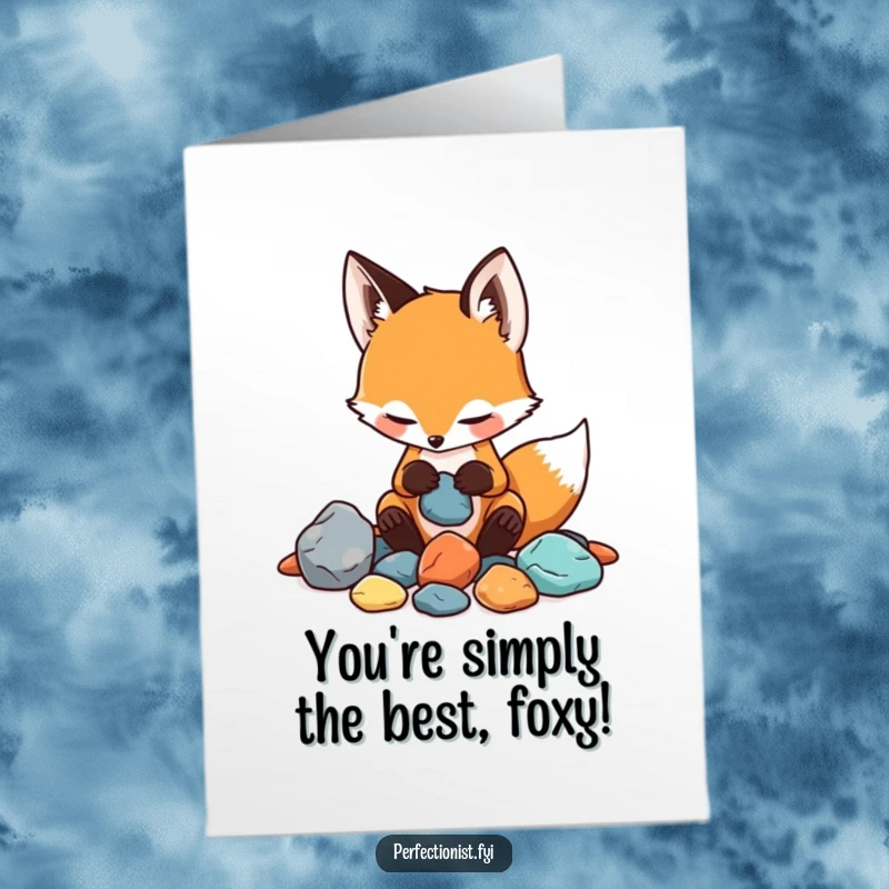 Funny free printable congratulations card: a focused fox meticulously organizing rocks based on color and texture, celebrating achievements.