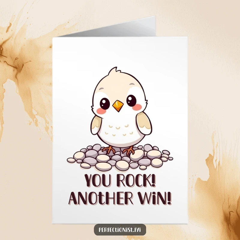 Funny Free Printable Bird Congratulations Card featuring a bird precisely organizing pebbles to celebrate an achievement.