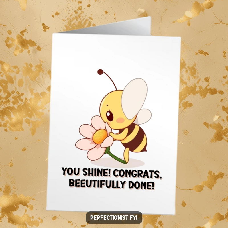 Funny free printable congratulations card featuring a diligent bee polishing a flower petal, symbolizing a job well done.