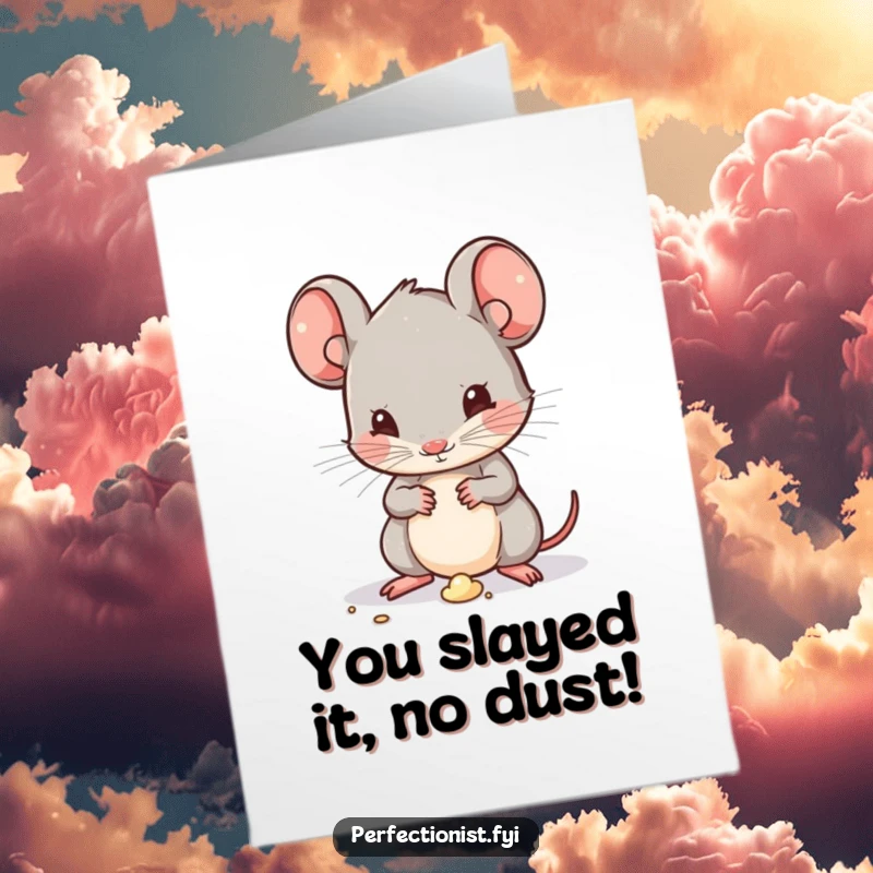 Funny Free Printable Congrats Card: Kawaii mouse with duster, looking smugly at a tiny speck, celebrating achievements with humor.