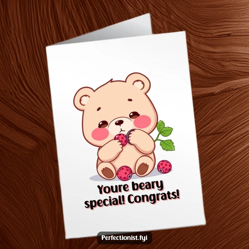 Funny Free Printable Congratulations Card: A focused bear polishes a berry to a high shine, symbolizing brilliant success. Instant download.