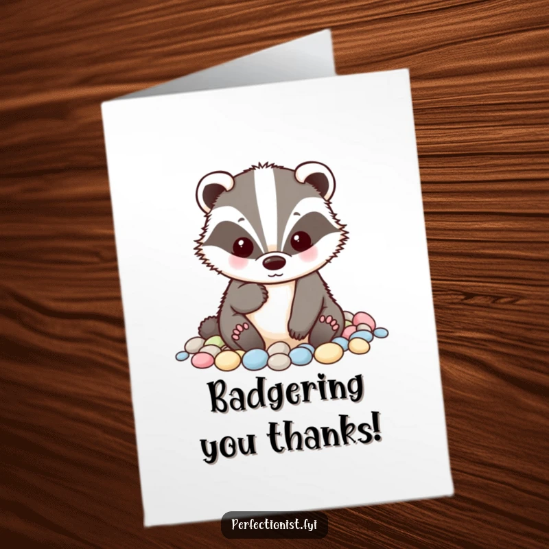 Funny Free Printable Badger Thank You Card: A tidy badger alphabetizing pebbles, showing neat gratitude, a downloadable gift.