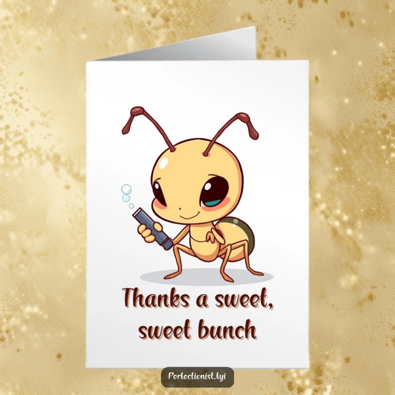 Funny Free Printable Ant Thank You Card: A determined ant polishing a grain of sugar, a sweet and funny thank you.