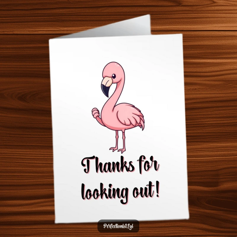 Funny Free Printable Flamingo Thank You Card: A blushing flamingo concentrating on adjusting a single feather to express heartfelt thanks.