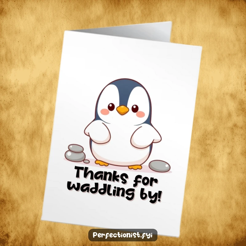 Funny Free Printable Penguin Thank You Card: A cheerful penguin neatly organizing pebbles in a line to show sincere appreciation.