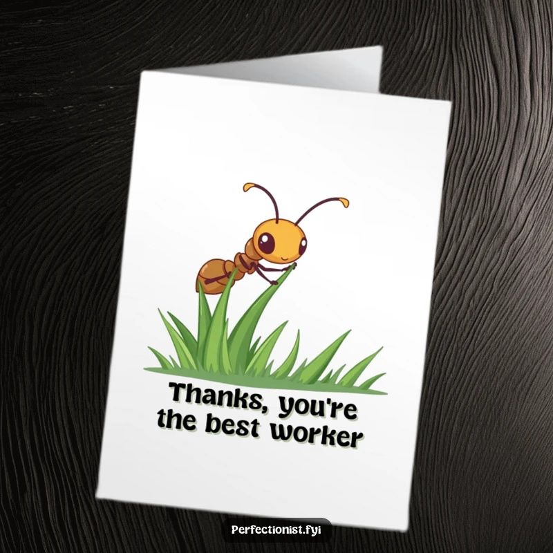 Funny Free Printable Thank You Card: A tiny ant meticulously straightens a blade of grass, humorously conveying thanks.
