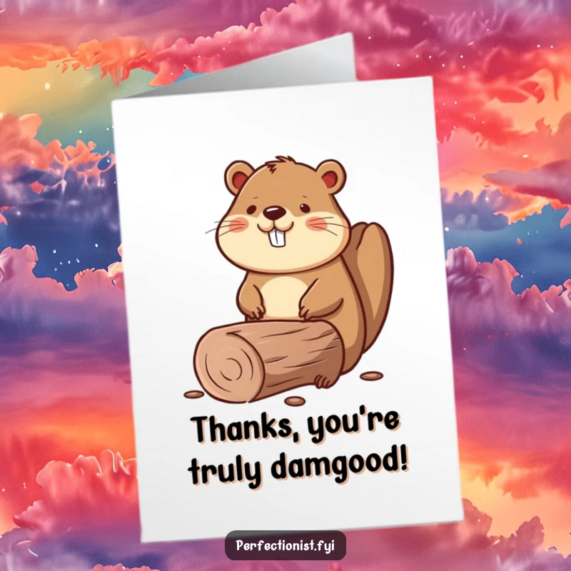 Funny Free Printable Thank You Card of a beaver smoothing a perfectly straight log, representing honest and direct gratitude.