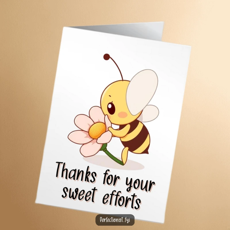 Funny free printable thank you card with a diligent bee meticulously polishing a flower petal to a high shine.
