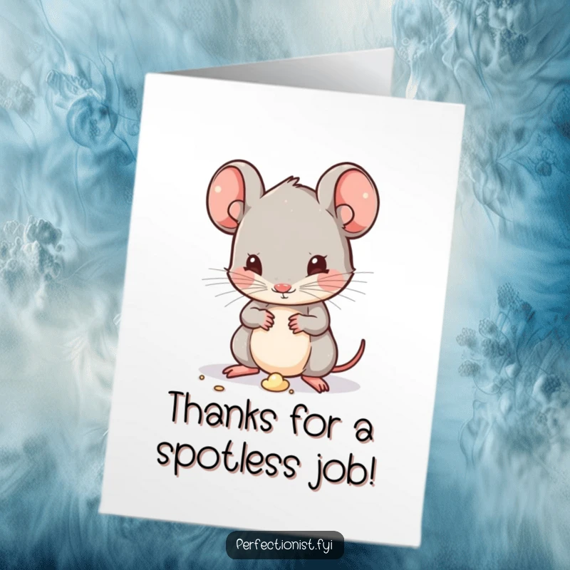 Funny Free Printable Thank You Card: Kawaii mouse dusting a speck with extreme focus, conveying appreciation with miniature perfection.