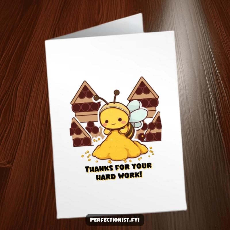 Funny Free Printable Thank You Card: Hardworking Kawaii Bee buzzing contentedly, organizing pollen as a symbol of organized appreciation.