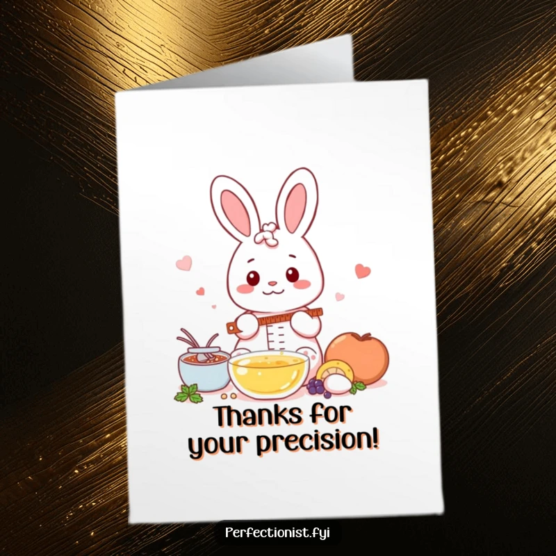 Funny Free Printable Thank You Card: Adorable Kawaii Rabbit carefully measuring ingredients, symbolizing precisely measured appreciation.
