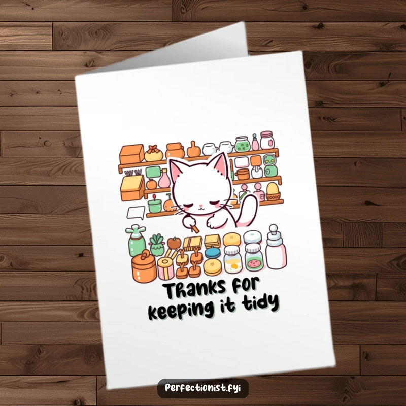 Funny Free Printable Thank You Card: A very neat cat character arranges objects with extreme precision in perfect lines.