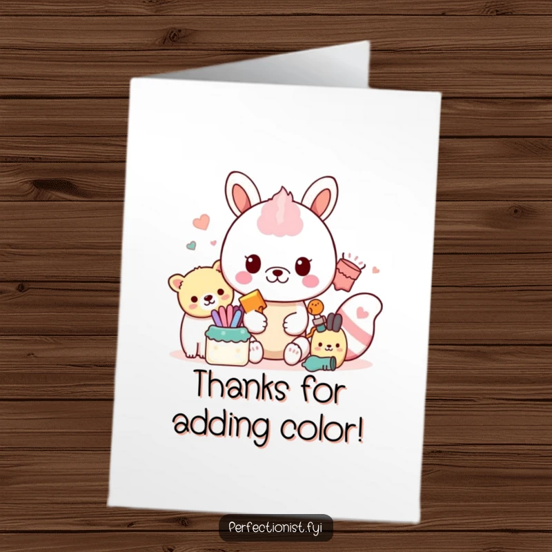 Funny Free Printable Thank You Card featuring a methodical animal organizing colorful objects with extreme precision, showing gratitude neatly.