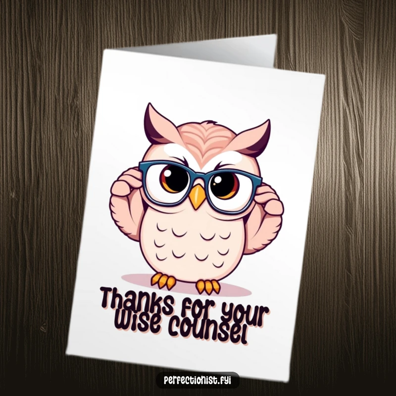Funny free printable thank you card featuring a proud owl adjusting its symmetrical glasses, offering wise thanks.