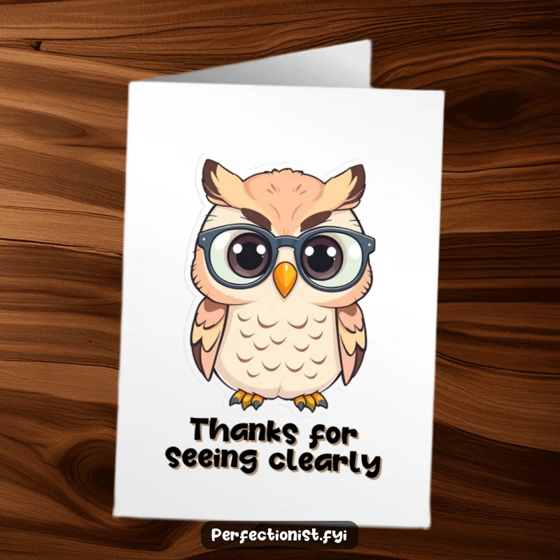 Funny Free Printable Thank You Card: A dedicated owl character polishes its eyeglasses with utmost diligence and care.
