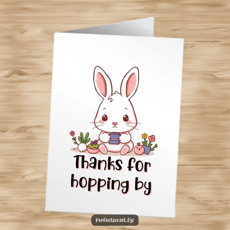 Funny Free Printable Thank You Card: A focused rabbit character arranges small objects with extreme precision in neat rows.