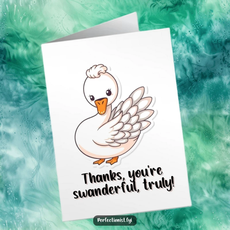 Funny Free Printable Thank You Card featuring a swan meticulously arranging feathers, conveying gratitude with artistic elegance.