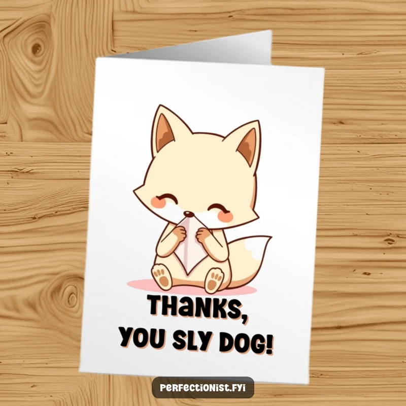 Funny Free Printable Fox Thank You Card: A neat fox carefully folding a handkerchief, offering elegant gratitude, a downloadable gift.