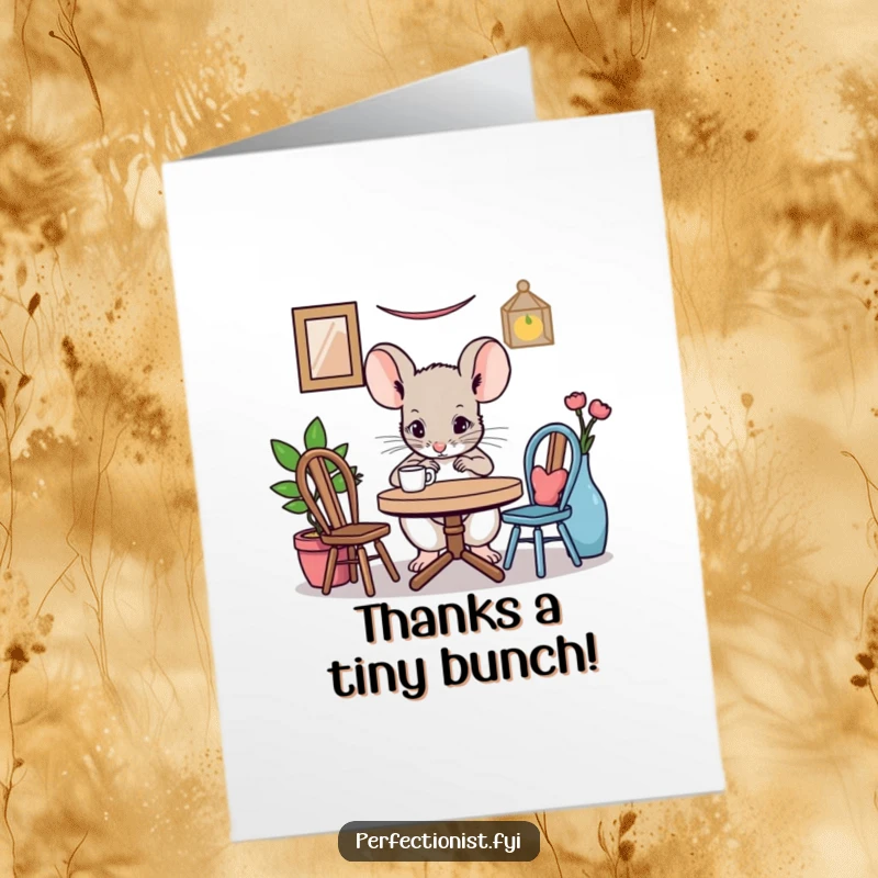 Funny Free Printable Mouse Thank You Card: A mouse adjusting a miniature table setting, showing precise gratitude, a downloadable gift.