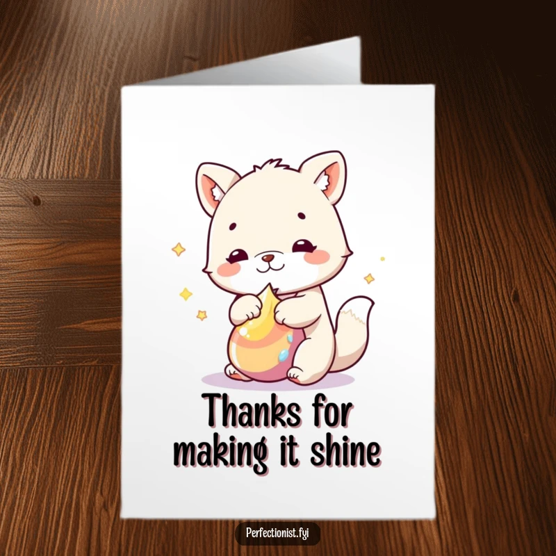 Funny Free Printable thank you card of an animal character making a single item shine with intense polishing.