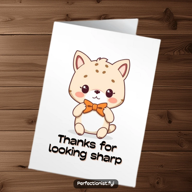 Funny Free Printable Thank You Card: An animal character adjusts its perfectly symmetrical bowtie, embodying elegant gratitude. Downloadable.