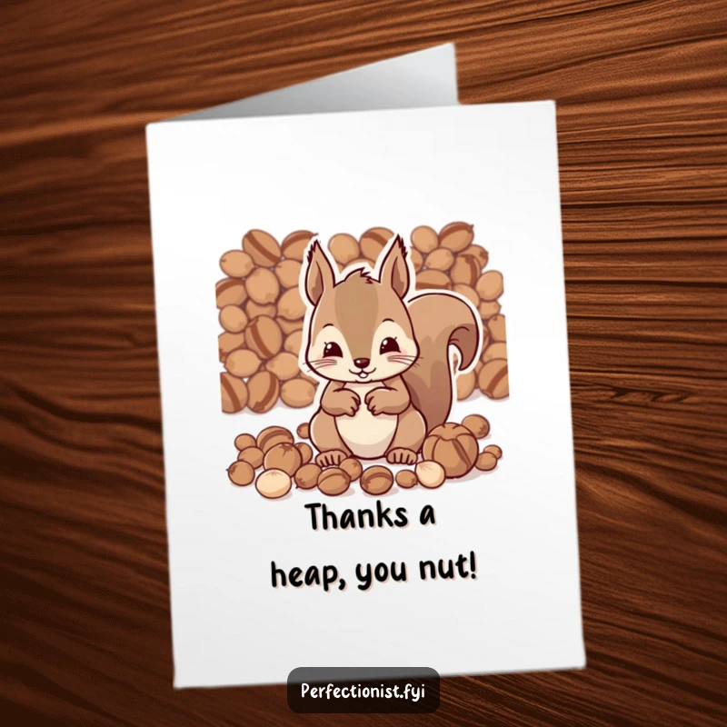 Funny Free Printable Thank You Card: Squirrel character meticulously organizing nuts by size, showing gratitude with a clever touch.