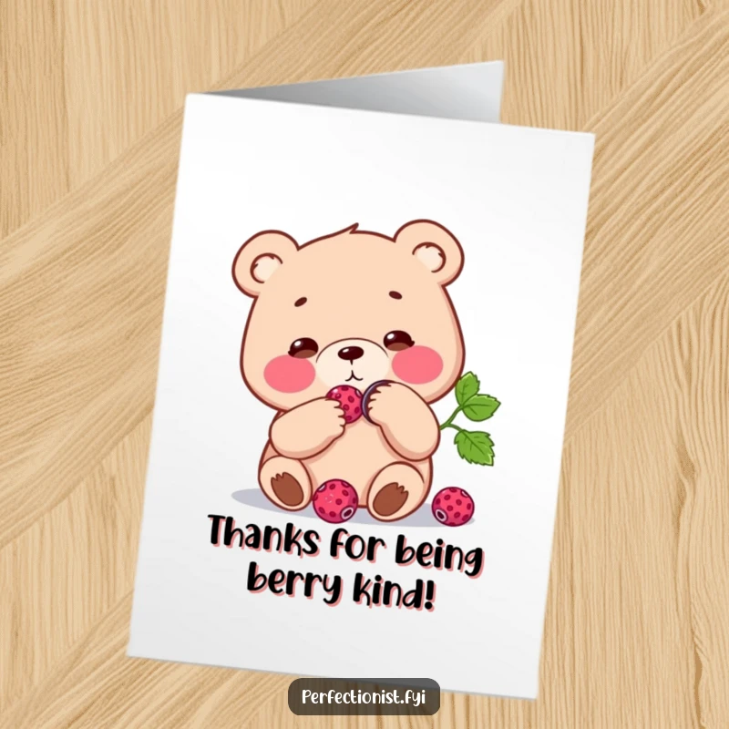 Funny Free Printable Thank You Card: A focused bear shines a berry, humorously expressing polished gratitude. Instant download.