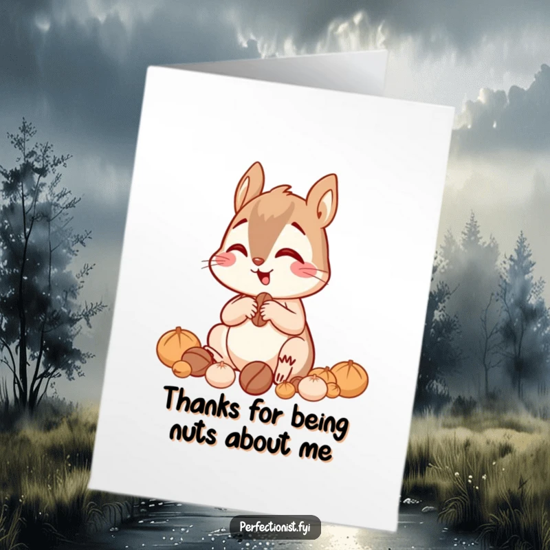 Funny Free Printable Squirrel Thank You Card: A giggling squirrel sorting nuts by size, a focused and funny thank you.