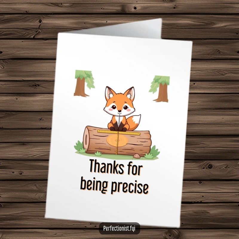 Funny Free Printable Thank You Card: Precise fox measuring a log's center, conveying deep and accurate thanks.