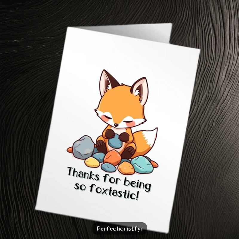 Funny free printable thank you card: a playful fox carefully sorting a pile of rocks by color and texture, expressing gratitude.