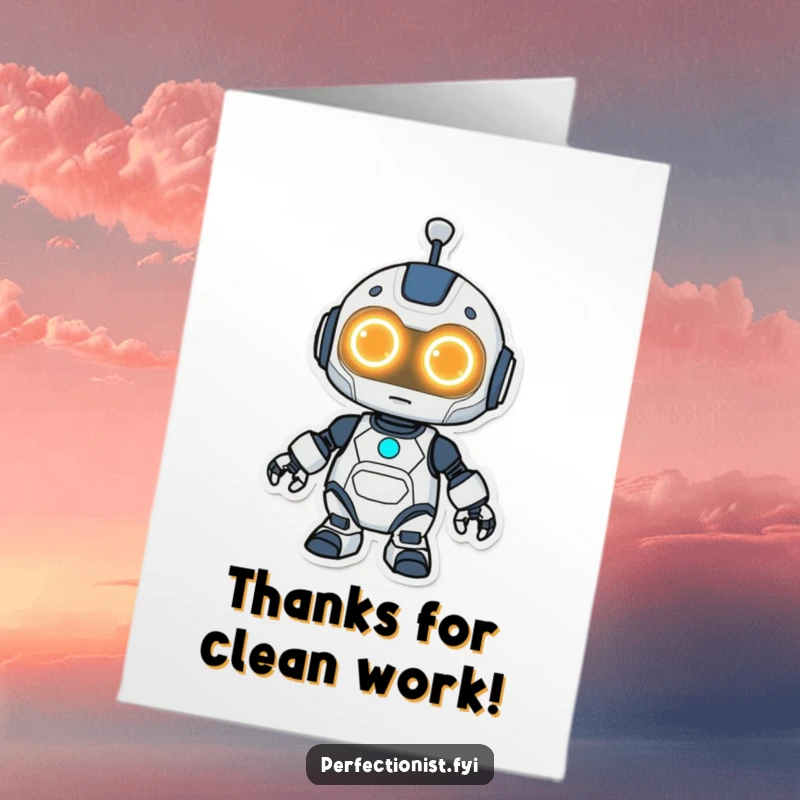 Funny Free Printable Thank You Card: Adorable Kawaii Robot diligently cleaning, expressing thanks with a polished and glowing finish.
