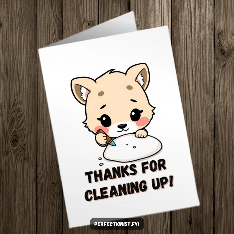 Funny Free Printable Thank You Card with a cute animal character meticulously cleaning a tiny speck of dust, a thoughtful downloadable.
