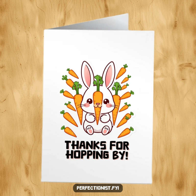 Funny Free Printable Thank You Card: A meticulous rabbit aligns carrots perfectly, humorously conveying gratitude for well-organized help. Instant download.