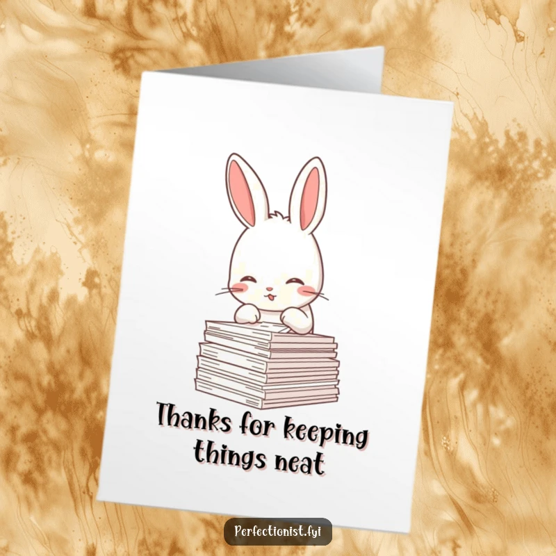 Funny free printable thank you card showcasing a meticulous rabbit straightening papers, perfect for organized gratitude.