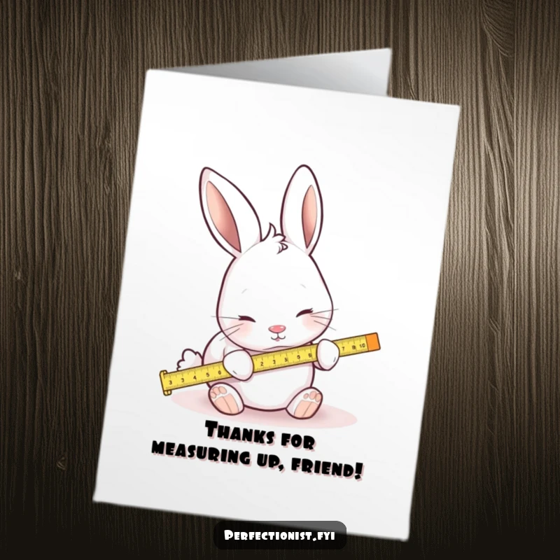 Funny free printable thank you card: a diligent rabbit using a tiny ruler to measure a flower petal, expressing thanks.