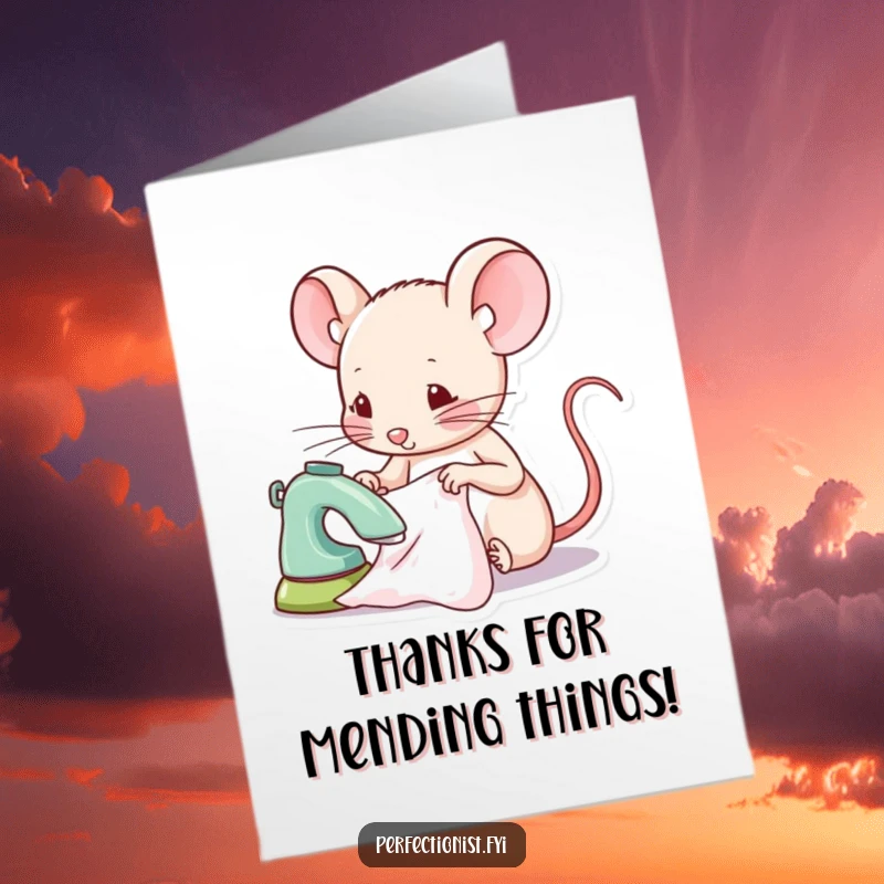 Funny Free Printable Mouse Thank You Card: A focused mouse ironing a tiny piece of fabric to convey sincere appreciation.