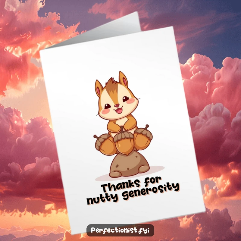 Funny Free Printable Chipmunk Thank You Card: A happy chipmunk balances acorns, offering a sweet thank you.