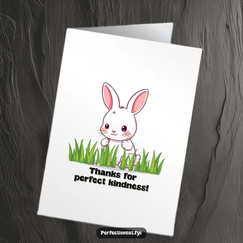 Funny Free Printable Thank You Card: A meticulous bunny carefully arranges grass blades in a perfectly straight line as a symbol of neat thanks.