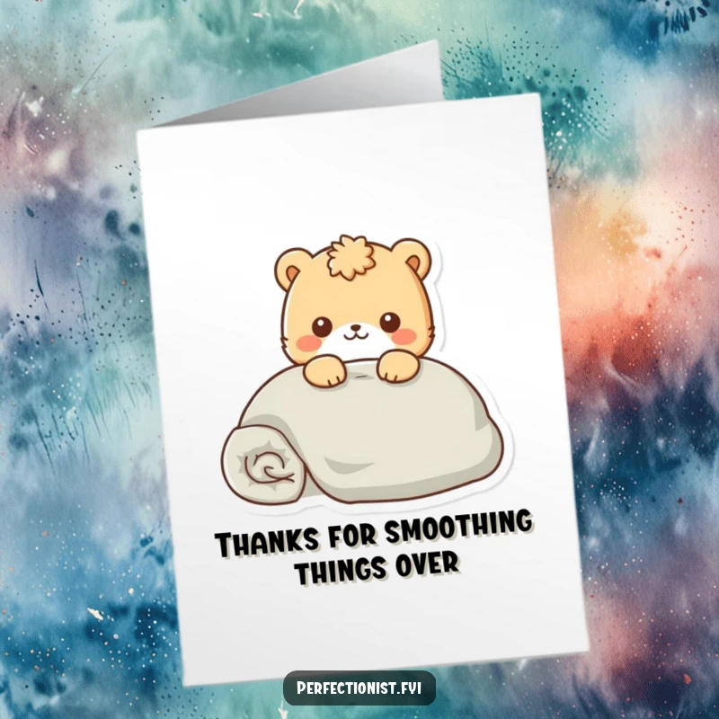 Funny Free Printable Thank You Card: A meticulous animal character smoothens a perfectly folded blanket, conveying careful gratitude. Downloadable.