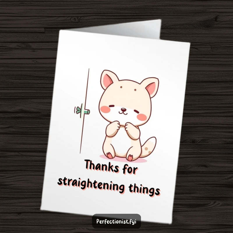 Funny Free Printable Thank You Card: An animal character delicately adjusts crooked items, showing care and precision. A downloadable message.