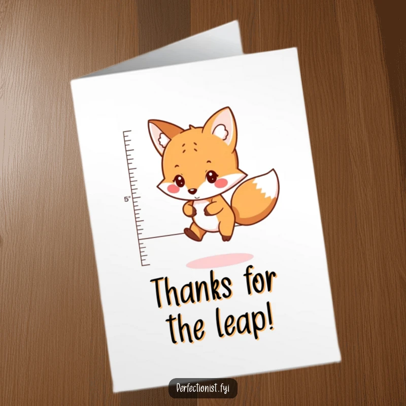 Funny free printable thank you card featuring a fox measuring a jump, conveying precise and thoughtful gratitude for kindness shown.