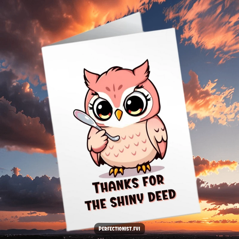 Funny Free Printable Thank You Card: a focused owl makes a single spoon gleam with gratitude.