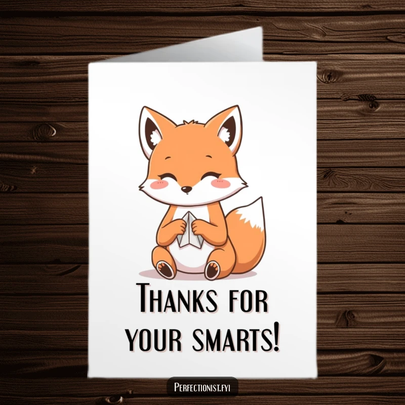 Funny Free Printable Thank You Card: Adorable Kawaii Fox carefully folding paper, creating a delicate origami as a symbol of thanks.