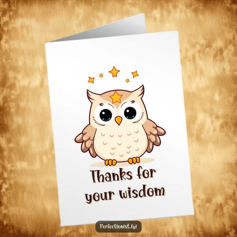 Funny Free Printable Thank You Card: Orderly owl aligning stars in its gaze, offering thanks with cosmic elegance.
