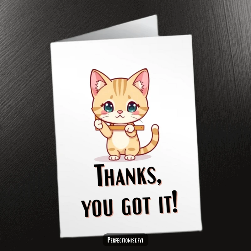 Funny Free Printable Thank You Card: A cat meticulously straightens a picture frame, showing care.